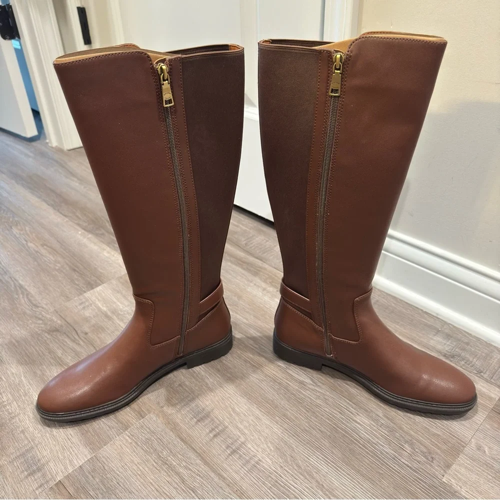 Coach Faith Riding Tall Brown Walnut Leather Logo Boots